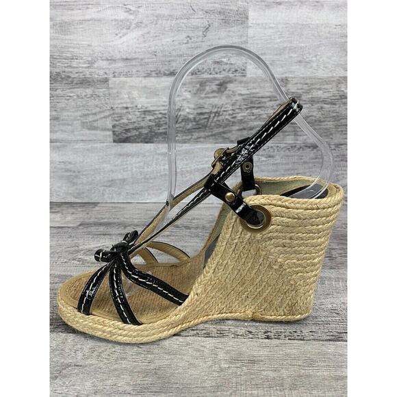Midas Womens Size 6M Black Patent Leather Strap Espadrille Wedge Sandals - Picture 5 of 8
